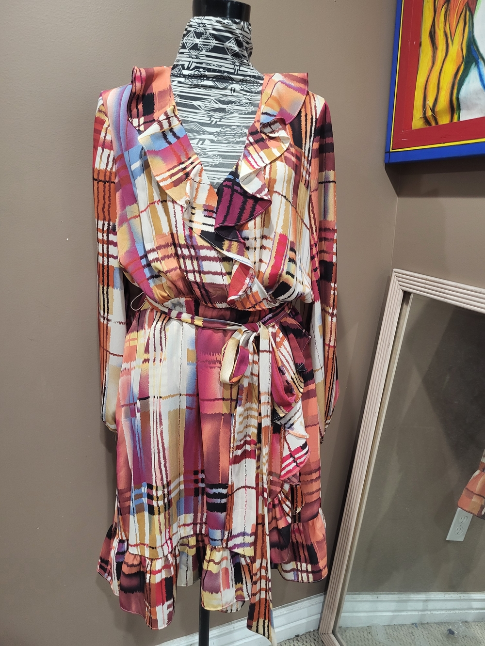 International Concepts Plaid Ruffle Faux Wrap Dress - Picture 2 of 9